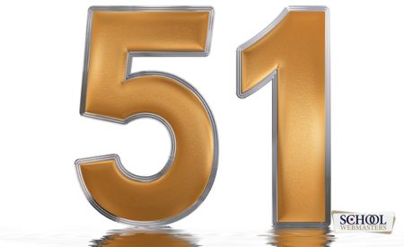 Image of the number 51 in gold font on top of water and its reflection with the School Webmasters logo